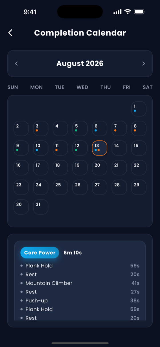 The GymClock calendar, with finished workouts marked on each day.