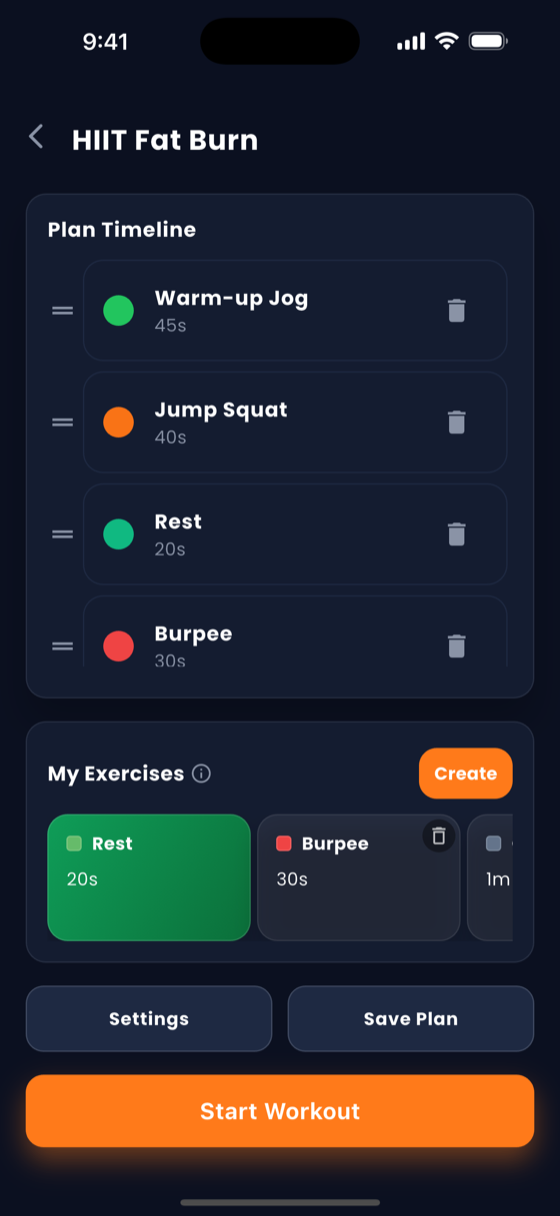 The GymClock plan editor, showing a workout built from named exercise blocks.