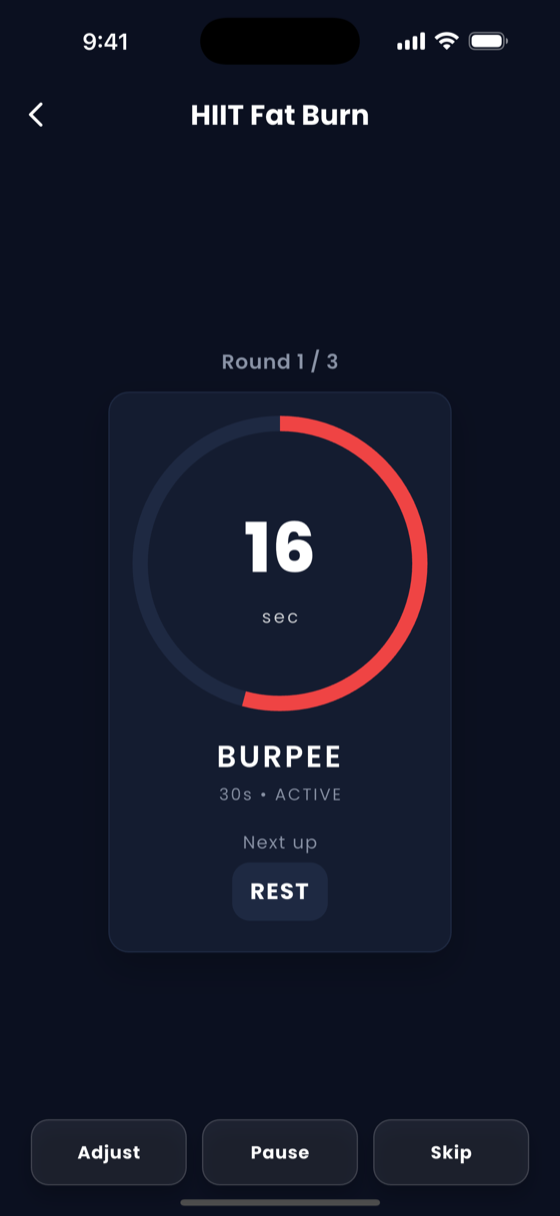 A GymClock workout in progress, counting down a 30-second burpee block.
